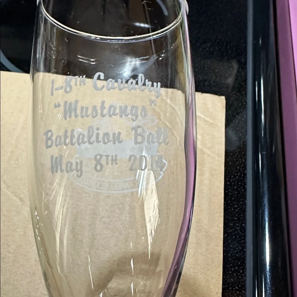 Clear glass Champagne Flutes with Etched Crest - Set of 2